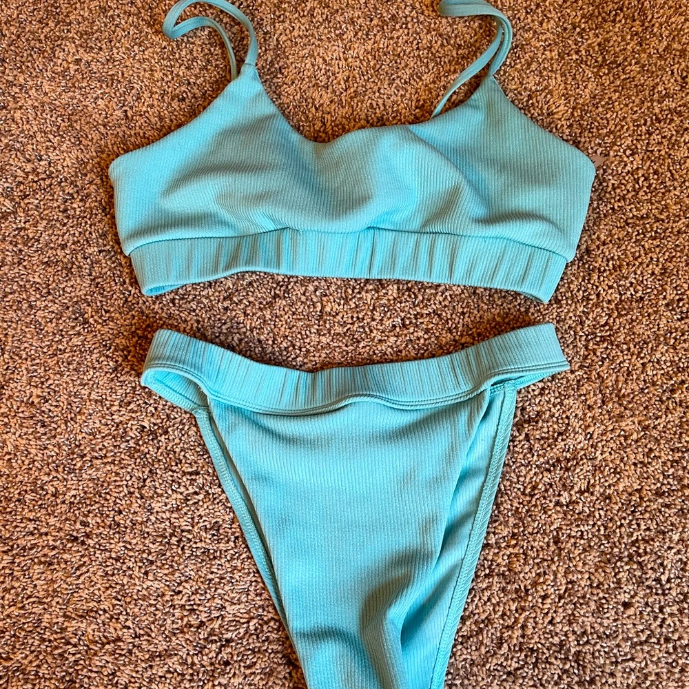 SHEIN Turquoise High Waist Ribbed Bikini. Never worn. Size Large